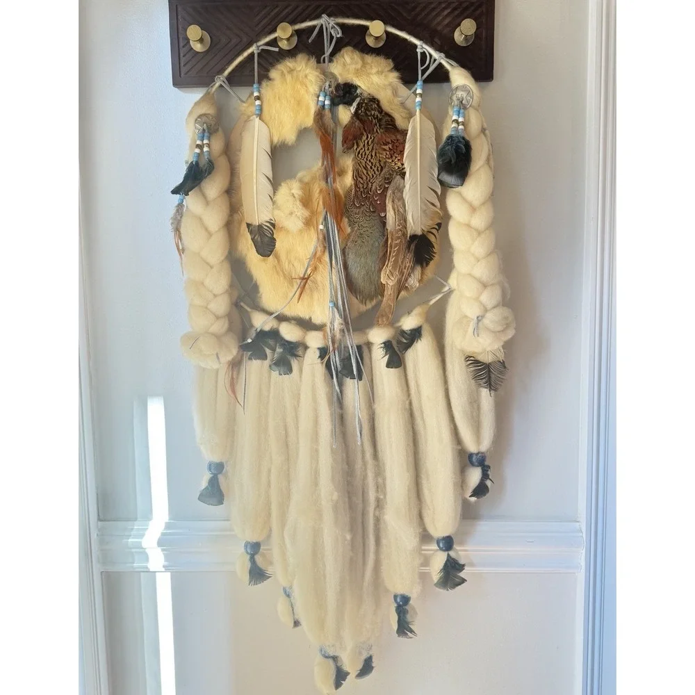 Vintage‎ Native Large Dream Catcher Wall Hanging Fur Feathers 41
